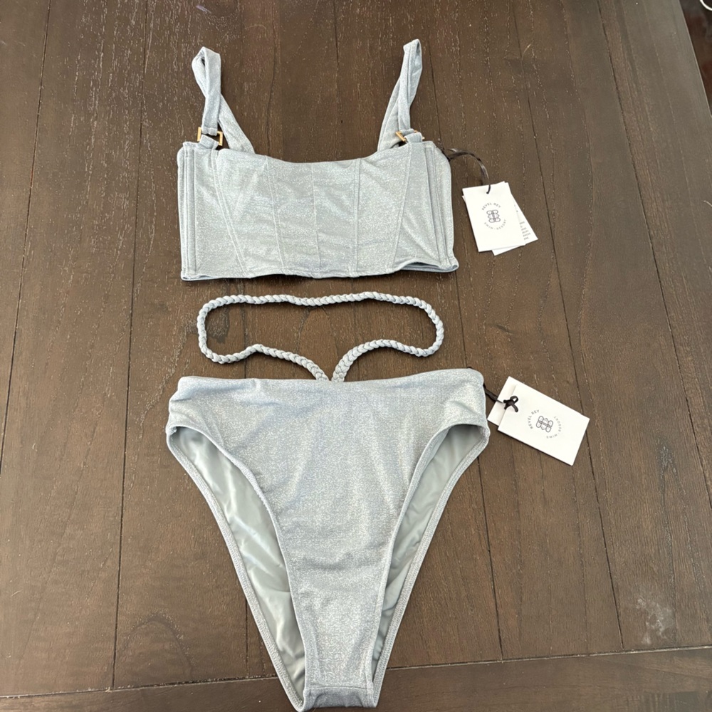 Revel‎ Rey Slate Lurex Silver Metallic Corset Top Bikini NWT Size Small